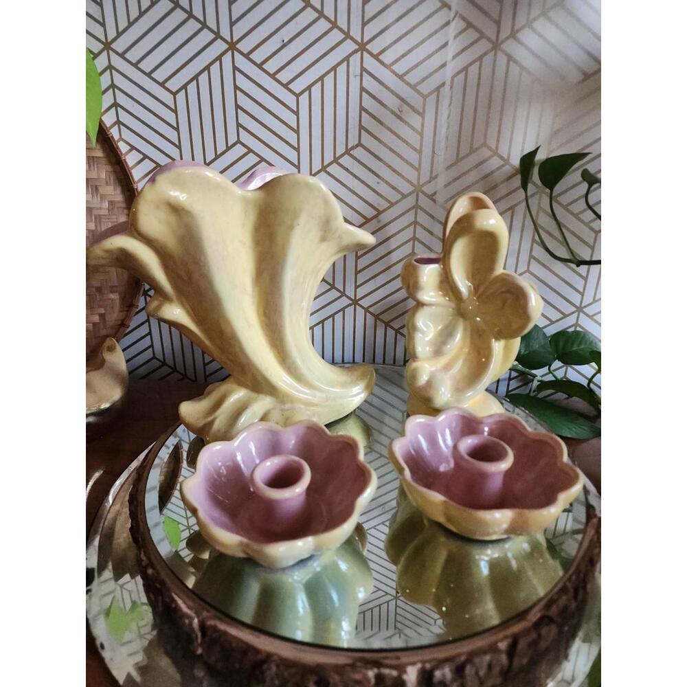 Vintage Gonder 1940 Pottery Vase And Candlestick Set Yellow/Lavender Art Deco